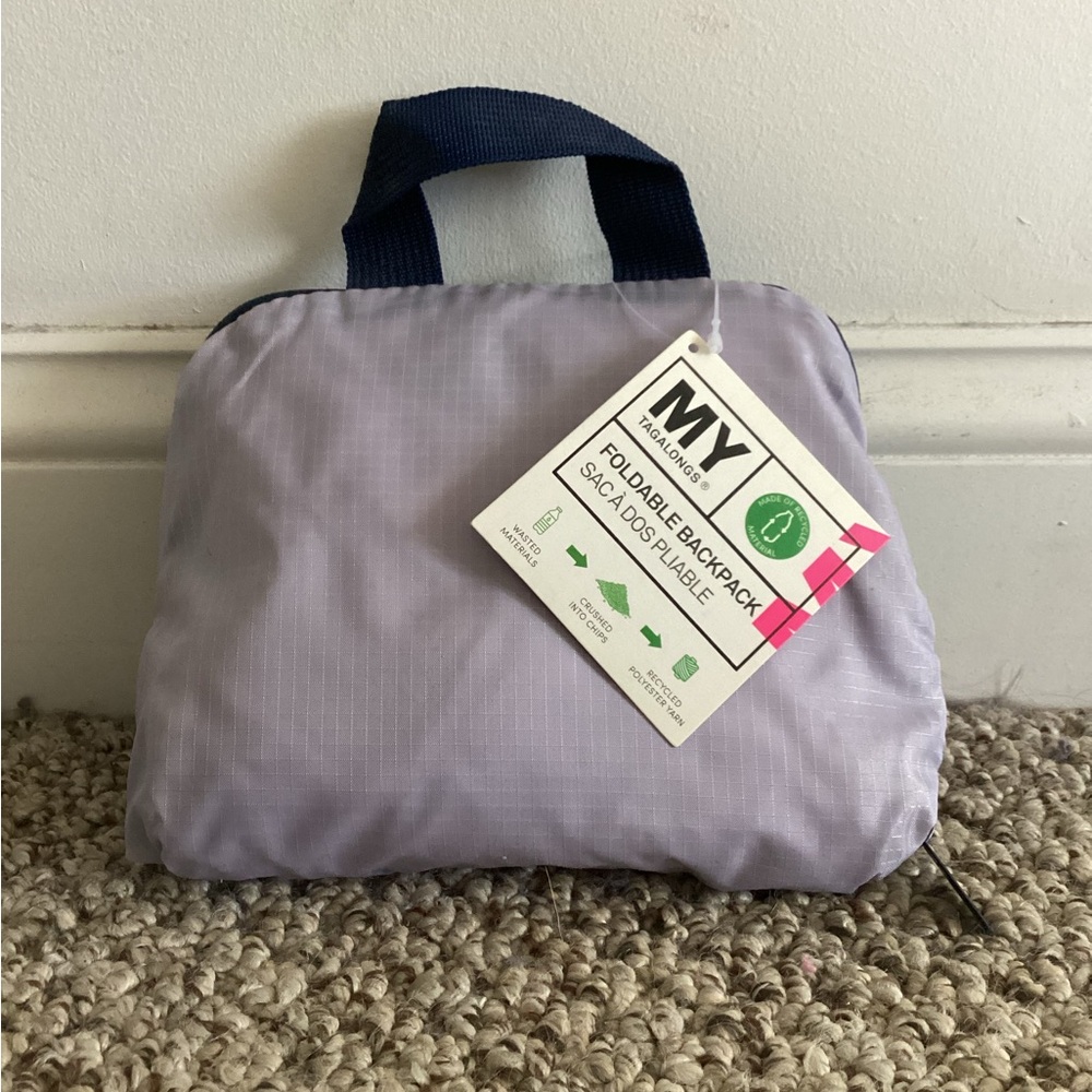 Foldable Lavender Backpack with Navy Handle - MY TAGALONGS - Brand New With Tags